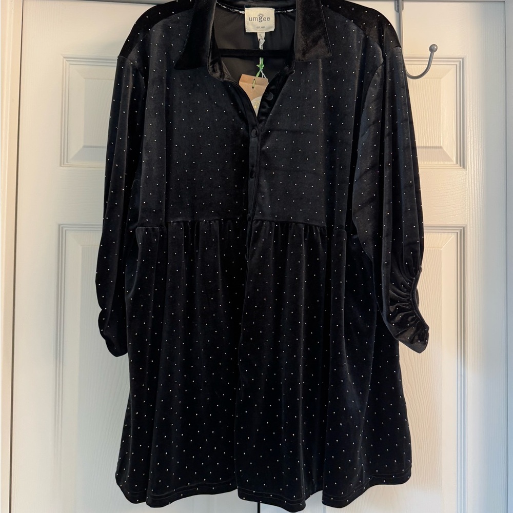 Black Velvet Button-Up Tunic with Rhinestones